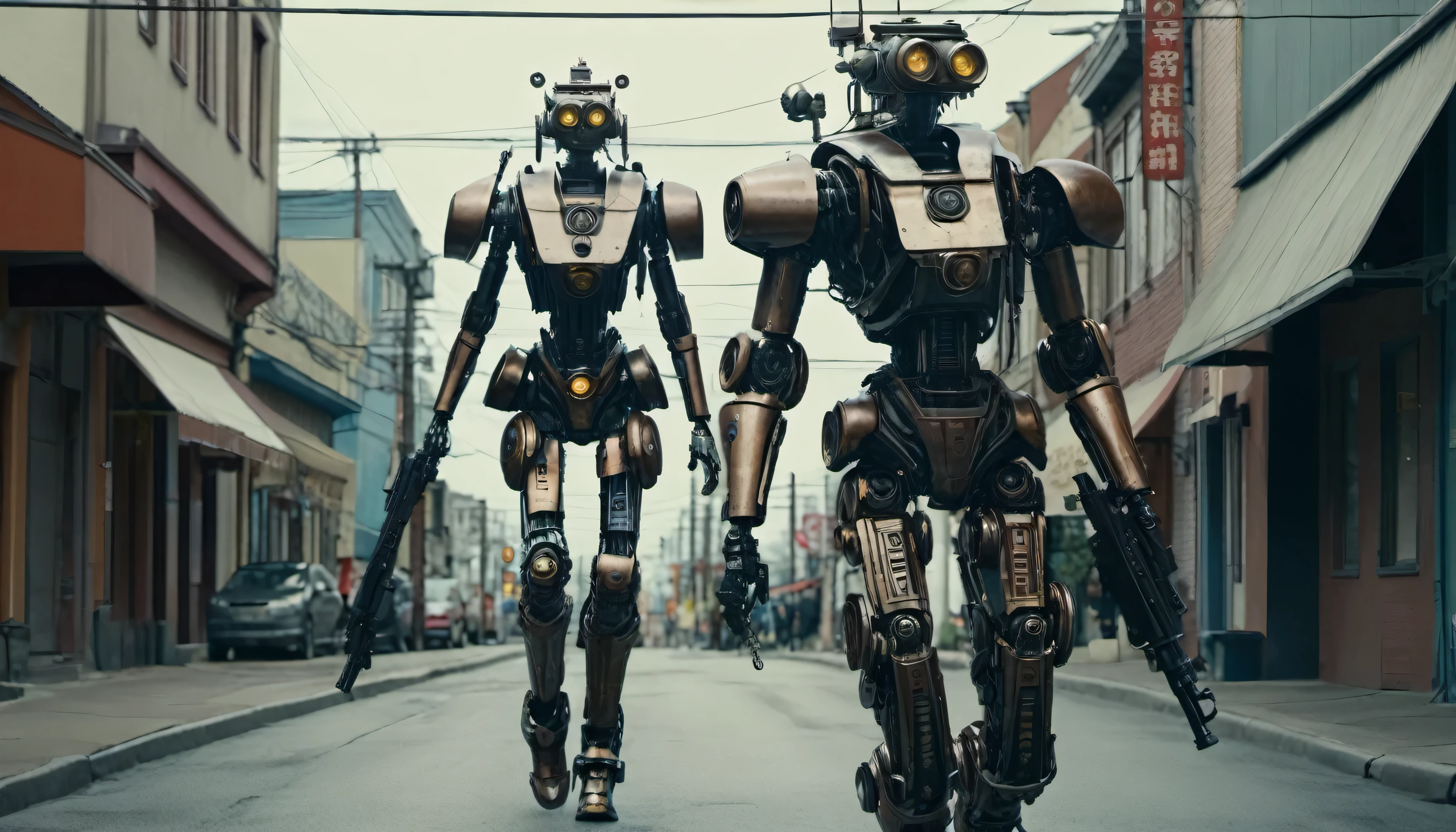 They are two robots walking down the street with guns., Detailed cinematography, Steampunk Digital Art, Big Studio VFX, A still from the TV series, Anthropomorphic woman, Featured on Vimeo, yasuke 5 0 0 px Model, Robert Koehler, Interconnected human life, Shooting with anamorphic lenses