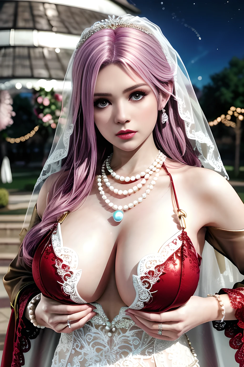 1 girl,lean over ,(Wearing Wedding Dress:1.2) ,(Wearing Jewel:1.2) ,( red lace_coat:1.3),(Fluffs :1.4),(pearl bodychain:1.3),outdoor,elegant,nighttime,moonlighe,shiny skin,( huge breasts), lip gloss,tattoos, masterpiece, best quality, realistic ,Surrealism,natural colors art in 8k,soft shadows,Portrait art,solo, elise,