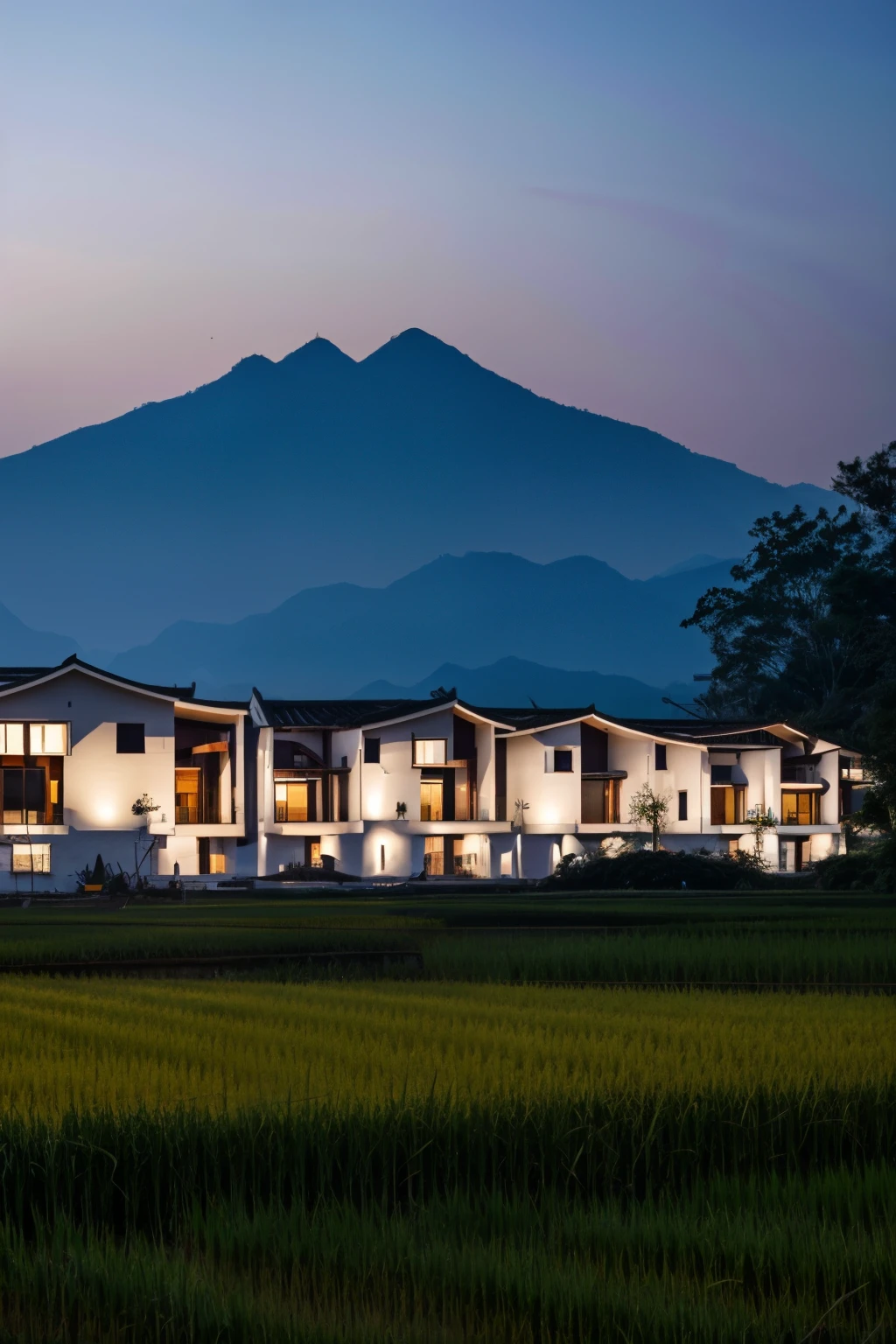 This picture shows a modern architectural complex in a rice field. The building complex is located in an open green rice field,with a background of mountains and sky at dusk. The design of the building is simple and modern,mainly in white and brown tones,with staggered roof lines and large windows. The rice ears in the paddy field droop low,presenting a mature yellow color,in sharp contrast to the distant mountains,dongziguan,