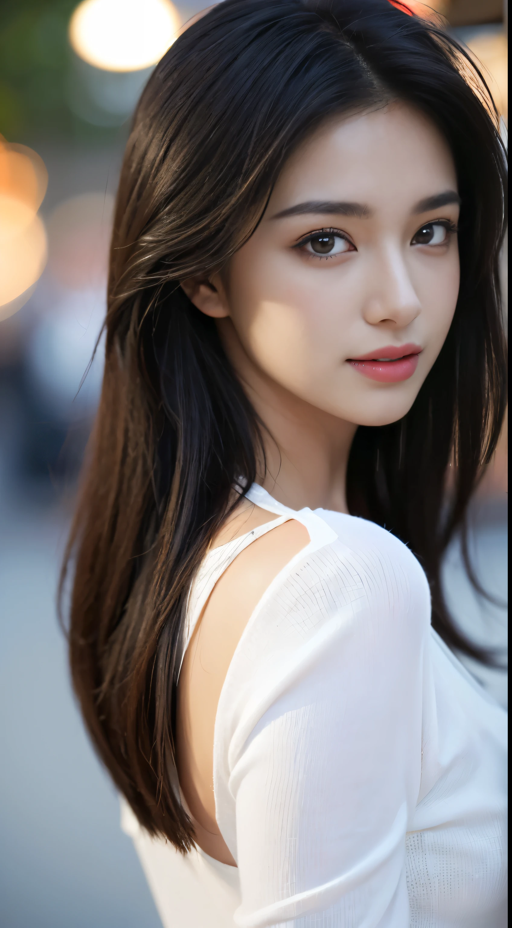 (a girl,beautiful detailed eyes,beautiful detailed lips,extremely detailed eyes and face,long eyelashes,smooth skin,white teeth,dimpled smile,black hair flowing to the chest,white fair skin,wearing a white short-sleeved top,tall and slender)⇒
(best quality,4k,8k,highres,masterpiece:1.2),ultra-detailed,(realistic,photorealistic,photo-realistic:1.37),HDR,UHD,studio lighting,ultra-fine painting,sharp focus,physically-based rendering,professional,vivid colors,bokeh,portraits