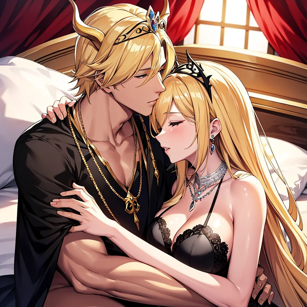 (Devil couple)、(((Women are1Only people)))((best quality)), ((masterpiece)), (detailed), perfect face、My Wife is a Magical Princesagical Princess Costume)、Blonde、(Sexy black dress with gold embroidery)、((My husband is wearing a luxurious black outfit.))(Devil's horns grow)、(Ears become pointed and long)、Earrings、Bracelet、necklace、Engagement Rings、Blonde、Feather hair ornament、Luxury accessories、Gorgeous tiara、Stay close to your husband、(((The wife and husband embrace each other and kiss each other deeply)))、Bedroom、On the bed、wife loves husband、The Demon Queen's Crown、Women are大魔王妃、(((My 50-year-old husband is the Demon King、Devil horns growing)))、(((The husband embraces his wife and kisses her)))、A loving couple、A couple pledging their love、(((men and women)))、(A deep kiss at a wedding ceremony)、Wife hugs her husband、(Kissing with tongues intertwined)、(My husband strips me and pets me)、Wrapping her legs around her husband's waist