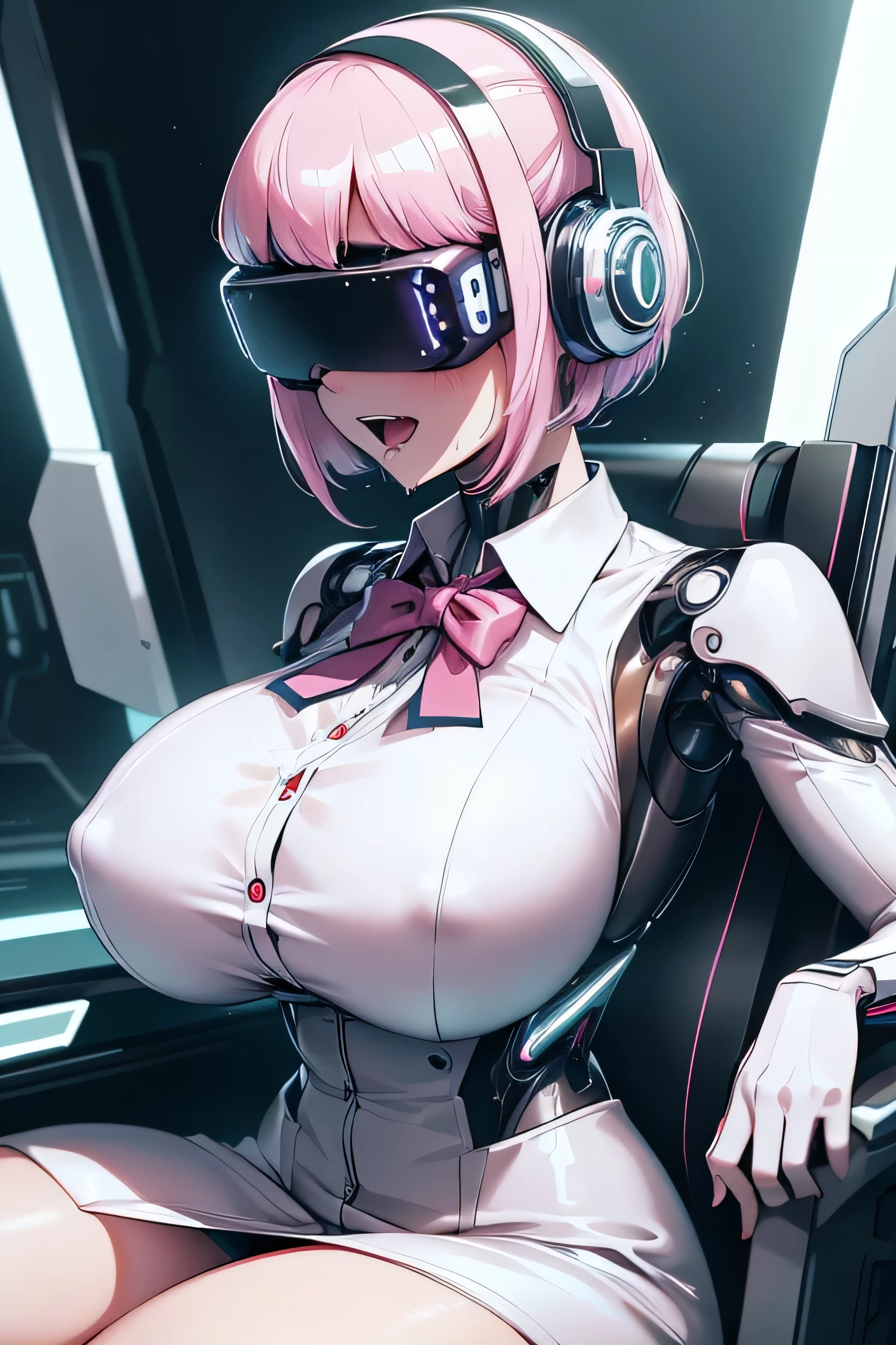 Anime cyborg girl sitting in a pilot seat wearing a virtual reality headset covering her eyes on her face with machinery and tubes and wires going inside her head and brain, (Best quality,highres:1.2), ultra-detailed, (realistic:1.3), cyberpunk, futuristic, portrait, shiny revealing latex outfit, cyber implants, virtual reality, drooling face, cables plugging into brain, shirt collar, bowtie, formal clothing, open mouth smile, facing viewer, girl is vibrating, glowing virtual reality headset, relaxed expression, blushing, cyber future formal wear, cyberpunk, futuristic, brain drain, cyber implants, virtual reality, drooling face, virtual reality headset covering eyes,  , big collar, high collar, open mouth smile, pleasured face expression, skin tight clothing, big shirt collar, big bowtie, biggest breasts in the world, light-emitting cable connected to brain, head antennas, oversized headphones, breasts are vibrating, open mouth drooling, blank expression, red face blush, cyborg, android, mechanical creature, mechanical torso, futuristic cyberpunk cyborg body, slim futuristic android, glowing lights on girls body, power cells, head is emitting pink light, formal shirt collar, big formal bowtie, , glowing nipples, big shirt collar, high collar, white collar, electrocution, girl being electrocuted, electricity, electricity sparks, pink hair, short hair, neon pink hair, body modification, orgasm, pleasure, (VR headset covering the eyes), vibrating breasts, vibrating girl, intense vibration, glowing nipples, lightbulb nipples, girl wearing large VR headset, glowing eyes, blank eyes, focused face expression, buttoned up white dress shirt, formal shirt with huge collar