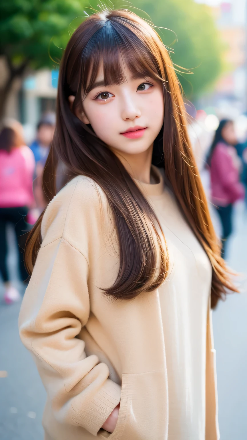 (highest quality, 8k, 32k, masterpiece, Ultra-high resolution:1.2), Ultra-high resolution, (Cute Korean Girl), , (whole body), Beautiful fine details, Semi-long brown hair, bangs, Crowded street, (Detailed Background:1.5)