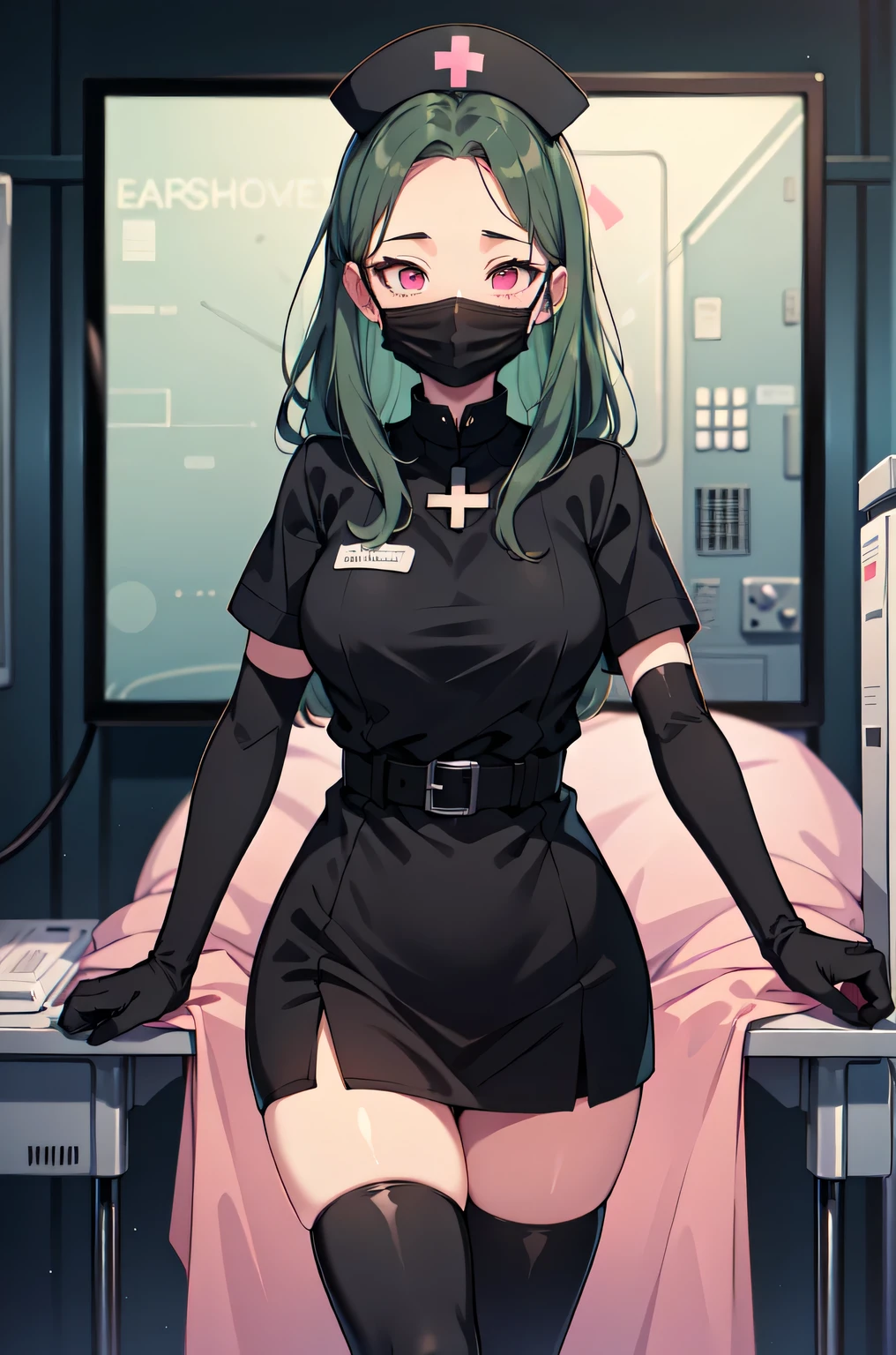 black nurse, 1woman, solo, black nurse cap, black nurse uniform, ((black legwear, zettai ryouiki)), black elbow gloves, forehead, long hair, green hair, pink eyes, ((black surgical mask, covered nose)), standing, ((surgery room)), sharp outline, short sleeves, mature female, 35 years old, best quality, masterpiece