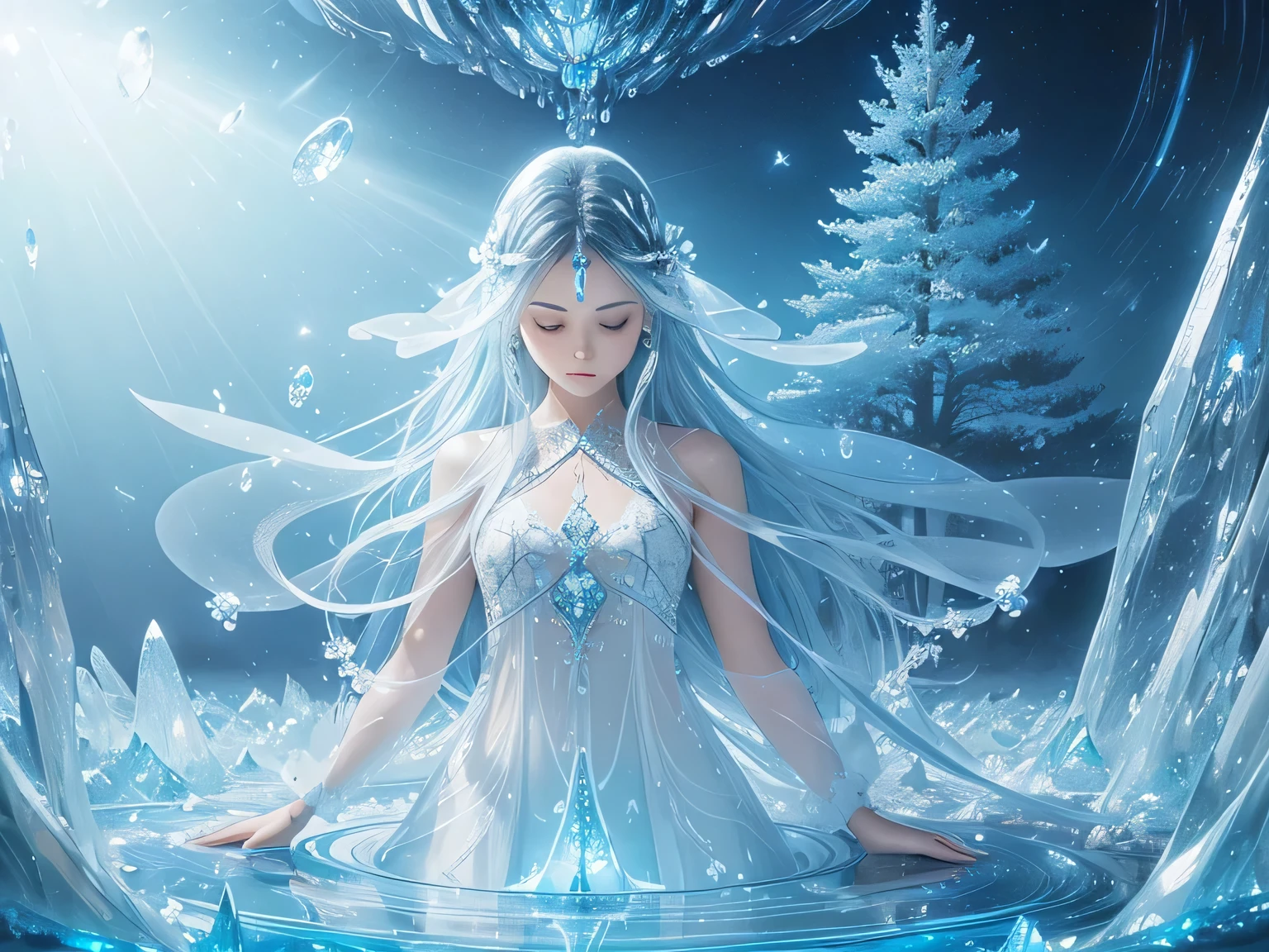 ((Light blue-white tones))，Special fog light effect halo，elevationperspective，masterpiece，top quality，Extremely complex and sophisticated details，fantasy surreal，Cosmic Energy，Sense of space and time，Extremely spectacular and stunning visual scene - transparent and glowing crystal trees and mandala flowers，Transparent reflection lake，Small waves, ripple, Water drop splash，Fresh healing wind