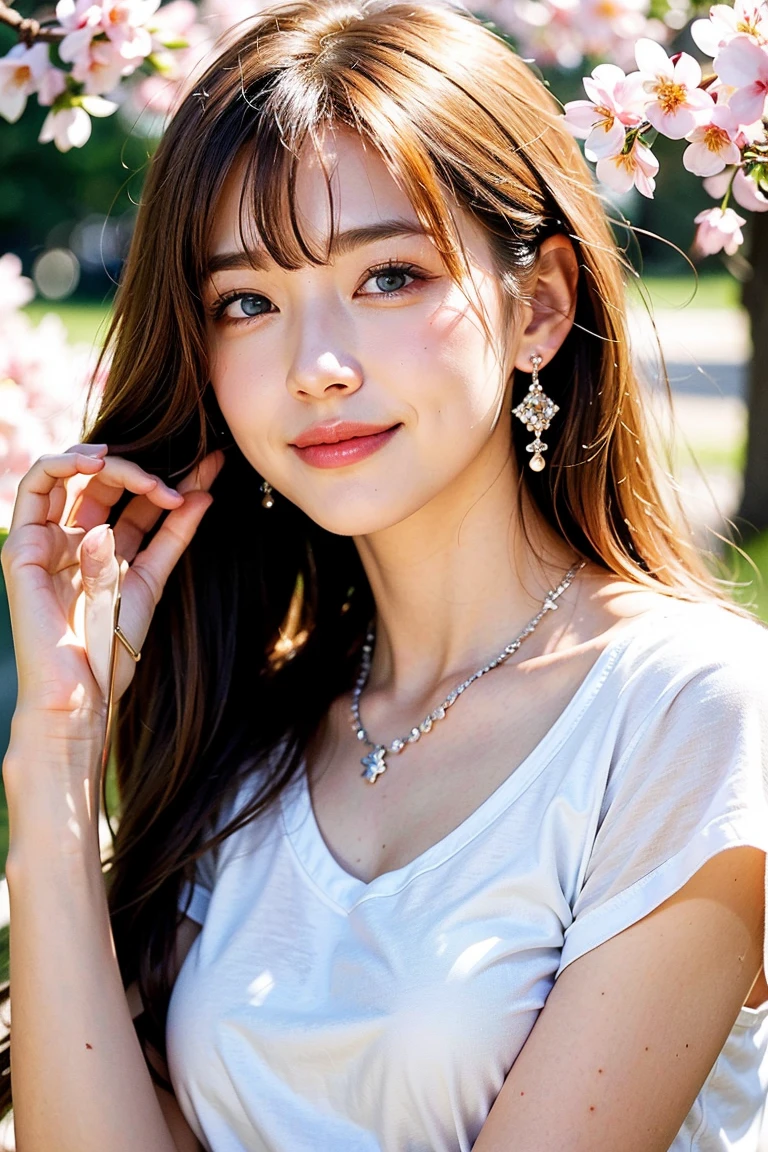 Save this image:1.2、Pale face and eyes:1.3、薄くてPale face and eyes:1.3, blue eyes:1.3、{highest quality}, {{masterpiece}}, {Very delicate and beautiful}, Extraordinary light and shadow, Highly detailed wallpaper, Sunny and bright, whole body, whole body、 1 girl, , blush:1.2、Shaggy blonde long hair:1.3, Cut your bangs evenly at eyebrow height:1.5、Strong sunlight, (White T-shirt)、 Delicate Hair,Realistic skin texture, B cup breasts、Visible wrinkles on the skin., Broad shoulders:1.2, ((A strong light shines on your face:1.5)), color々Strike a Pose:1.5, necklace、ring、earrings、(歯を見せたsmile:1,5)、smile:1.5、Background of a park with cherry blossoms in full bloom:1.5, Ray Tracing、Cowboy Shot:1.5