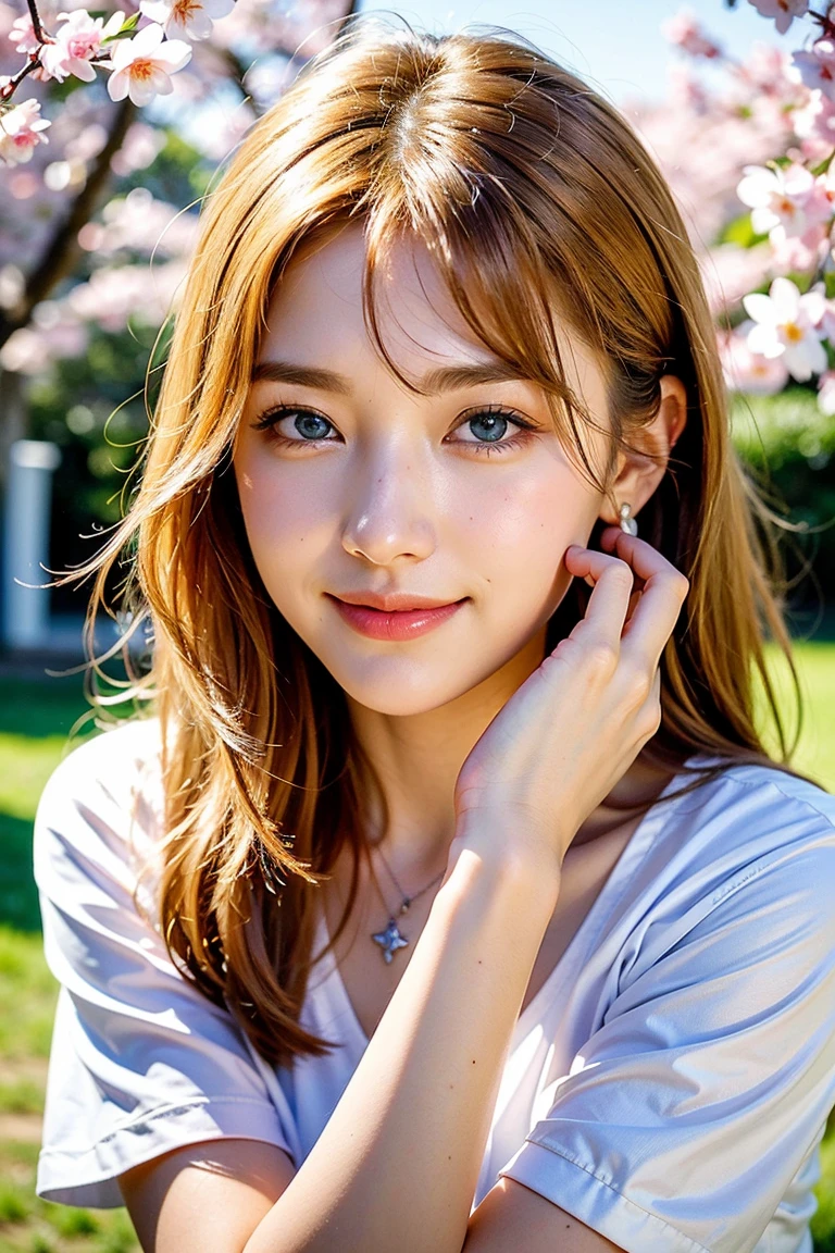 Save this image:1.2、Pale face and eyes:1.3、薄くてPale face and eyes:1.3, blue eyes:1.3、{highest quality}, {{masterpiece}}, {Very delicate and beautiful}, Extraordinary light and shadow, Highly detailed wallpaper, Sunny and bright, whole body, whole body、 1 girl, , blush:1.2、Shaggy blonde long hair:1.3, Cut your bangs evenly at eyebrow height:1.5、Strong sunlight, (White T-shirt)、 Delicate Hair,Realistic skin texture, B cup breasts、Visible wrinkles on the skin., Broad shoulders:1.2, ((A strong light shines on your face:1.5)), color々Strike a Pose:1.5, necklace、ring、earrings、(歯を見せたsmile:1,5)、smile:1.5、Background of a park with cherry blossoms in full bloom:1.5, Ray Tracing、Cowboy Shot:1.5