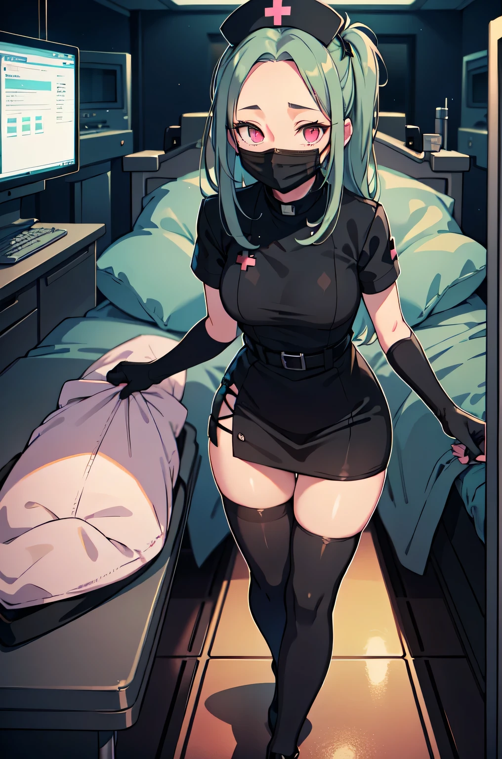 black nurse, 1woman, solo, black nurse cap, black nurse uniform, ((black legwear, zettai ryouiki)), black elbow gloves, forehead, long hair, green hair, pink eyes, ((black surgical mask, covered nose)), standing, ((surgery room)), sharp outline, short sleeves, mature female, 35 years old, best quality, masterpiece