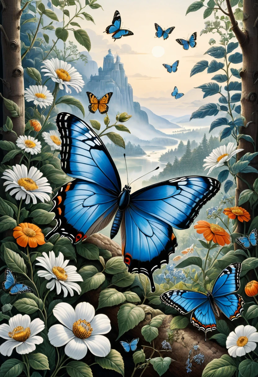 blue butterfly, (masterpiece, best quality, Professional, perfect composition, very aesthetic, absurdres, ultra-detailed, intricate details:1.3), by Elsa Beskow
