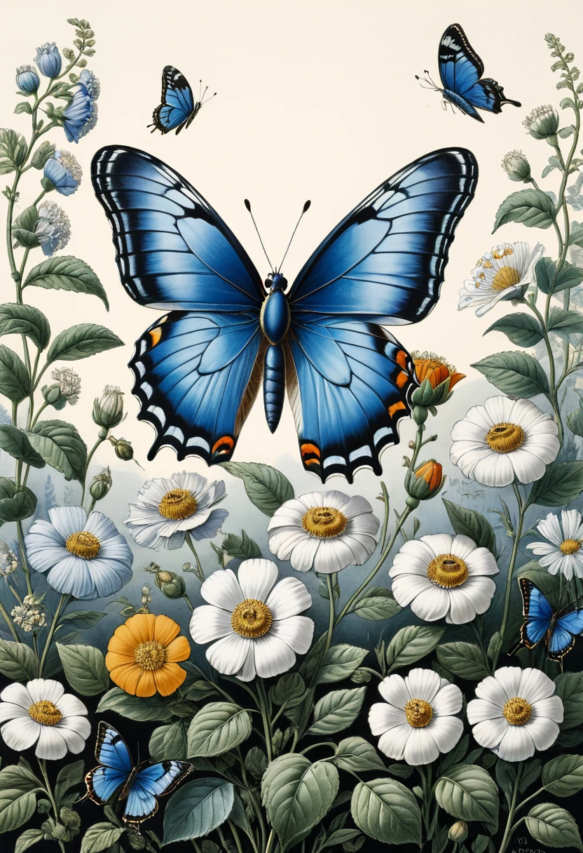 blue butterfly, (masterpiece, best quality, Professional, perfect composition, very aesthetic, absurdres, ultra-detailed, intricate details:1.3), by Elsa Beskow