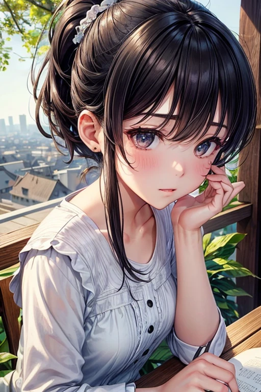 highest quality、High resolution、Detailed Background、(beautiful face in every detail:1.4)、Anatomically correct、(Draw a normal number of fingers:1.2)、(Detailed facial expressions)、(Fine grain:1.2)、(Fine grain:1.2)、beautiful, Smooth skin、age Beauty、(Highly detailed face:1.4)、
Black Hair、ponytail、Bobcut、Hairstyles that add waves and curls、Perfect body line、Solitude and silence、Malaise、Create a unique atmosphere and emotion、
Sitting on the terrace of a cafe、Drinking coffee alone、A view of the city ahead.、wood々Leaves swaying in the wind、There are other people around、The sounds of quiet conversation or reading a book、A deep silence spreads、The air is cold、but、'It's comfortable、among them、Lost in one's own thoughts、