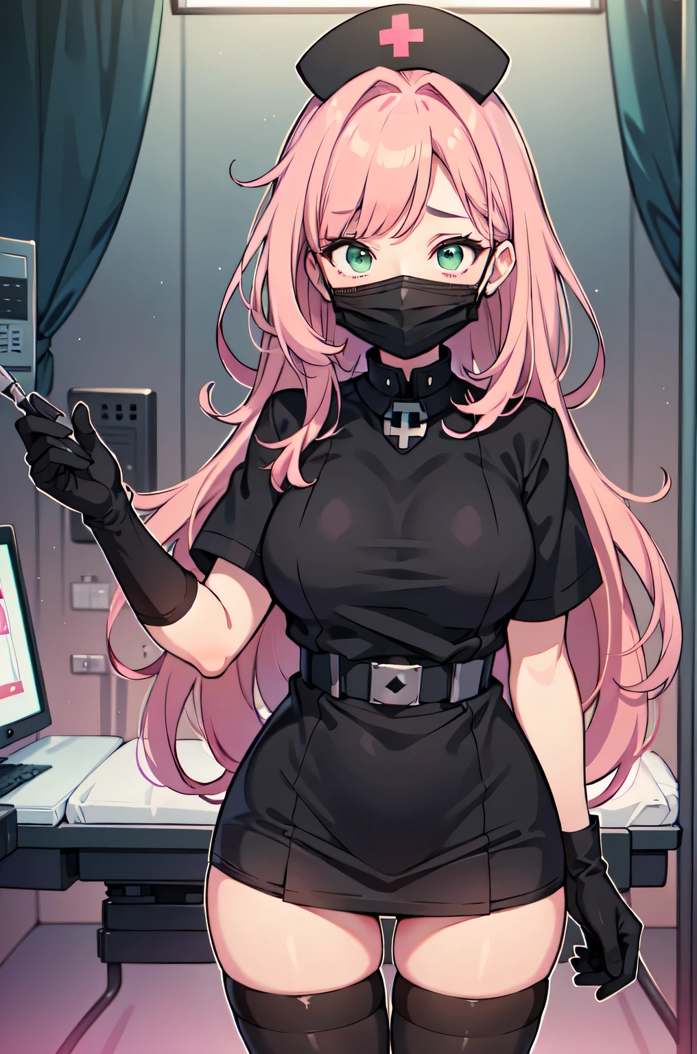 black nurse, 1woman, solo, black nurse cap, black nurse uniform, ((black legwear, zettai ryouiki)), black elbow gloves, pink hair, green eyes, drooping eyes, ((black surgical mask, covered nose)), standing, ((surgery room)), sharp outline, short sleeves, mature female, 32 years old, best quality, masterpiece