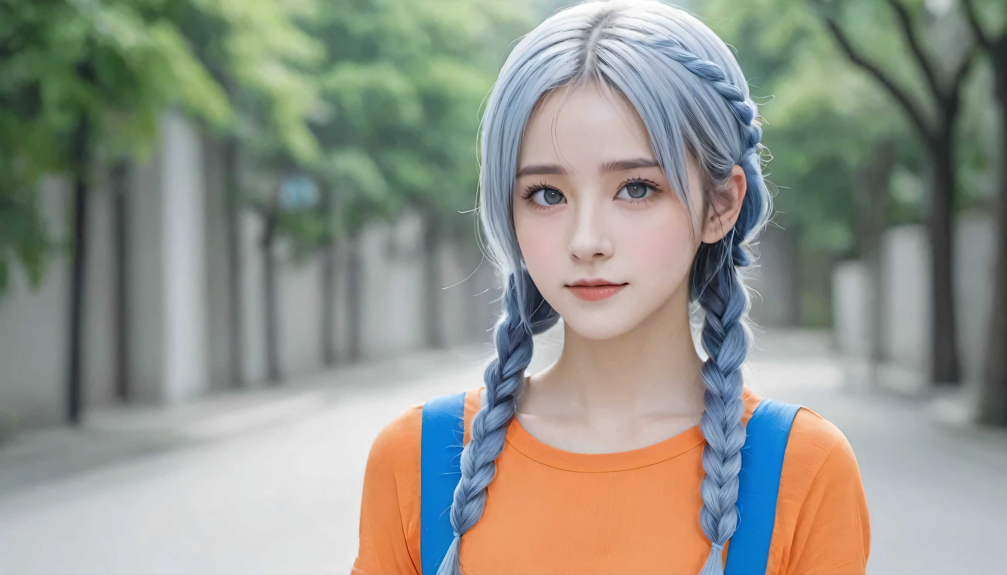 One girl, orange sleeves, Gray Hair, White skin, Light blue hair accessory, Blue suspenders, Blue clothes, Bright Blue Eyes, Barefoot, Double Braid