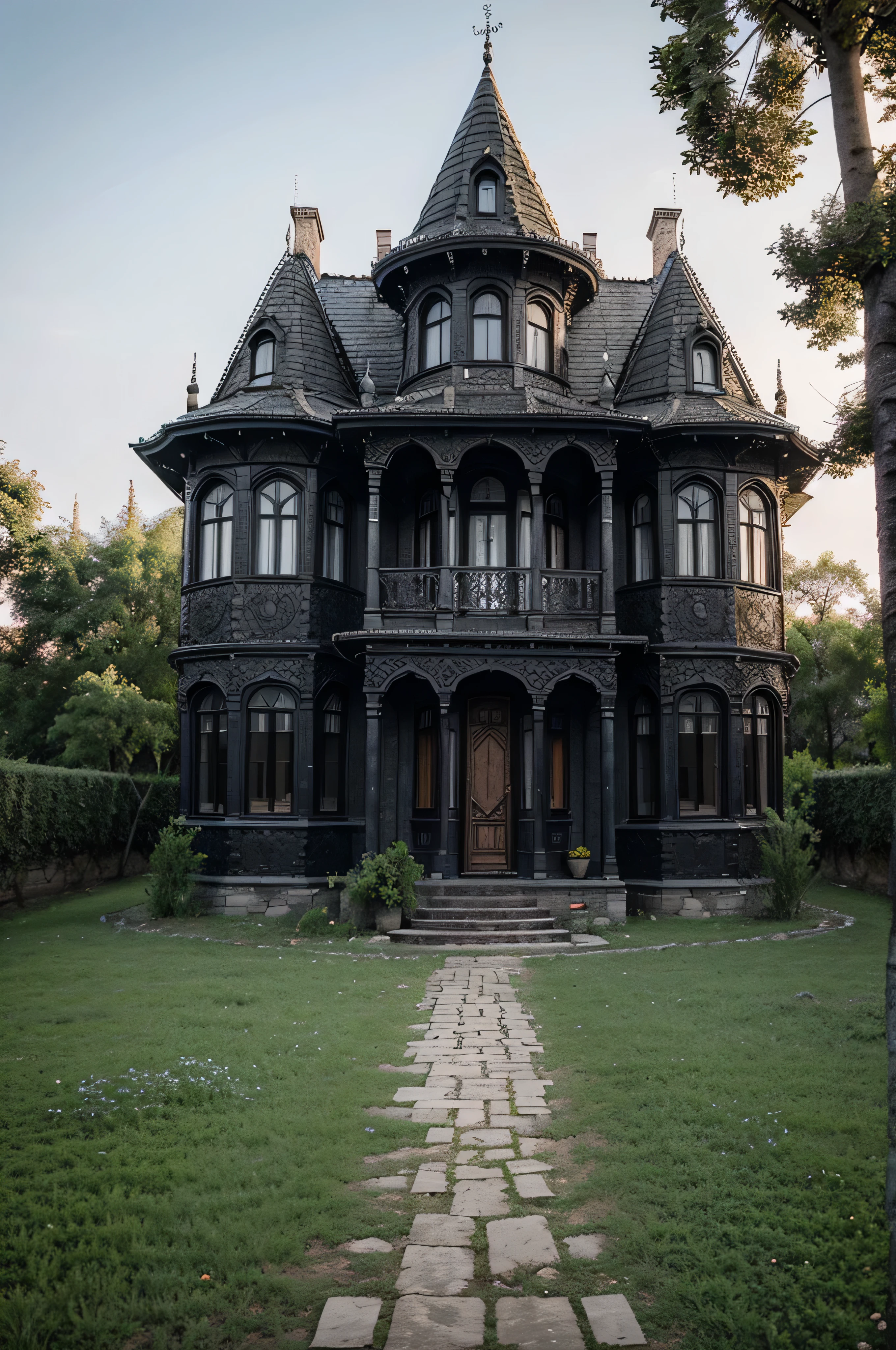 Photo of the impossible house, Gothic, in Turkish-Ukrainian style, without people.