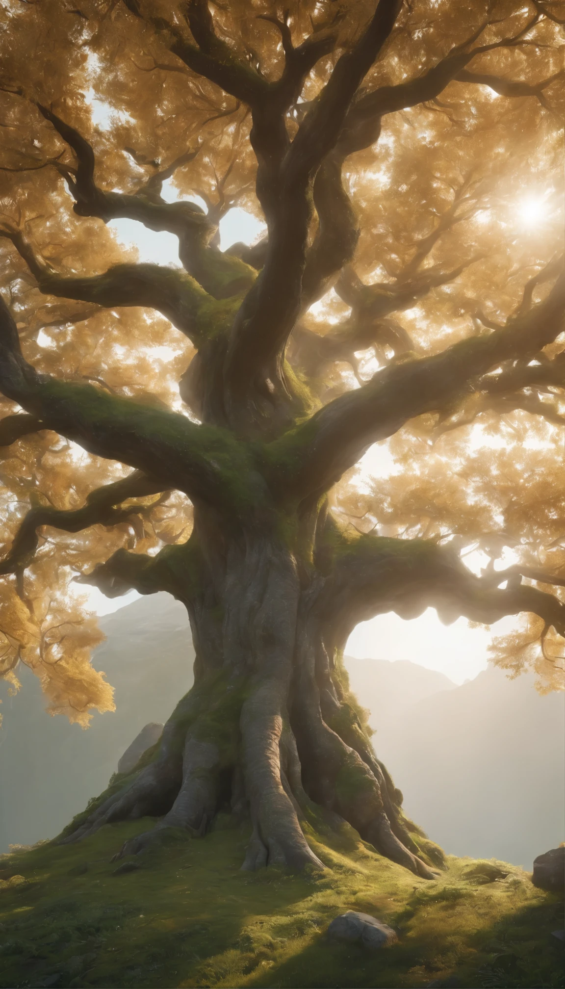 Attractive landscape concept art、8K resolution and super cool sci-fi style、Boasting ultra-realistic and dramatic lighting。Atmospheric shadows create a sense of depth and mystery.、Using ray tracing and 3D cinematic rendering、Highlights ultra-detailed features。.。This image, In the center is a majestic tree,、Shows a very high level of detail、Art Station'A masterpiece of 4K and Ultra HD trends、HDR enhances Engine 5 rendering to an unrealistic level。