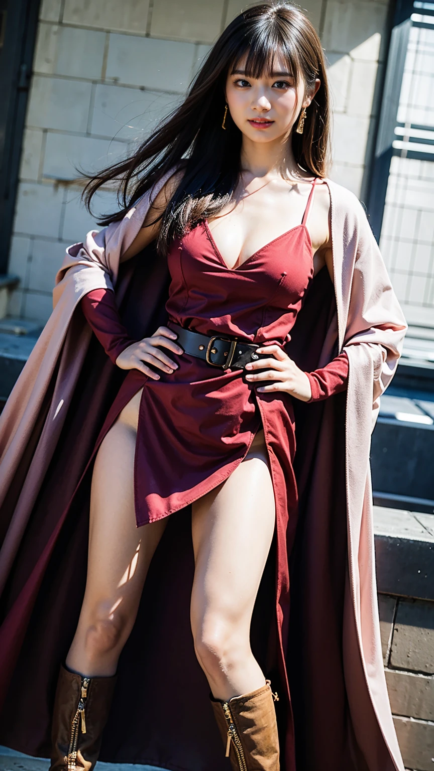 (8k、RAW Photos、highest quality、masterpiece:1.2)、(Realistic、Realistic)、1 girl、((Pink Dress、Cape、Black accents、Cute Costumes、Gold Belt、See-through、boots、Large Breasts、smile、Pose with hands on hips、View from the front))、Lots of eyelashes、Glowing eyelids、skeletally correct