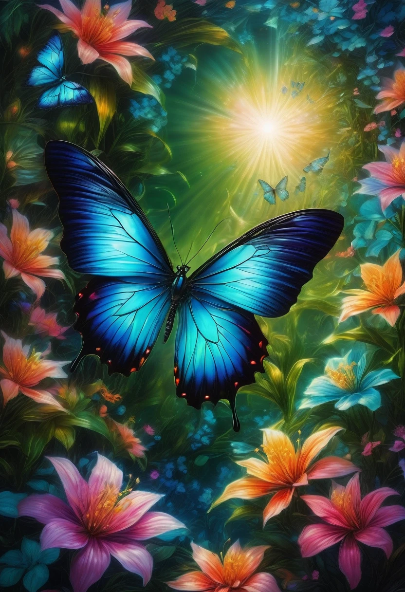 blue butterfly, aesthetic, (best quality,4k,8k,highres,masterpiece:1.2),ultra-detailed,(realistic,photorealistic,photo-realistic:1.37),colorful, vibrant, shimmering blue butterfly, delicate, intricate wings, graceful movement, flourishing garden, blooming flowers, sun-kissed petals, lush green foliage, ethereal atmosphere, magical illumination, whimsical, iridescent patterns, sparkling sunlight, gentle breeze, serene ambiance, artful composition, soft focus, mesmerizing beauty, naturalistic rendering, captivating contrast, exquisite details, dreamlike quality, surrealistic touch