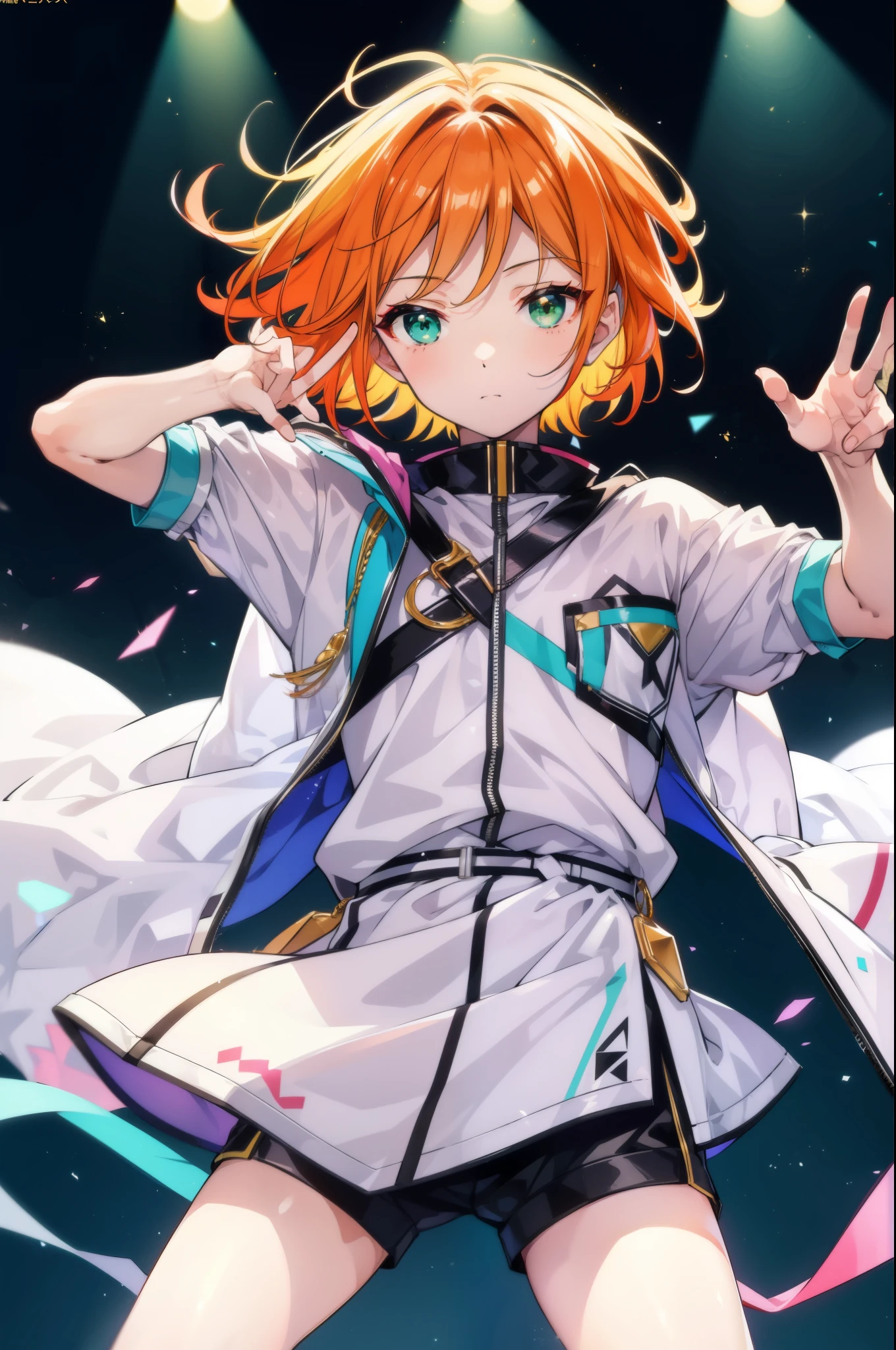 Polate、一人のmale、solo、male、Perfect human body、highest quality、Super quality、detailed、highest quality、Fantasy、Bright expression、young, 白くShine肌、The most beautiful and beautiful in the world、The ultimate beautiful boy、The most beautiful in the world,Orange Hair、The lightest hair、Shiny Hair、Bob、Smooth medium hair、Central division of bangs、Shine, clear, Attractive green eyes、A very kind and lovely boy.、Shorts、