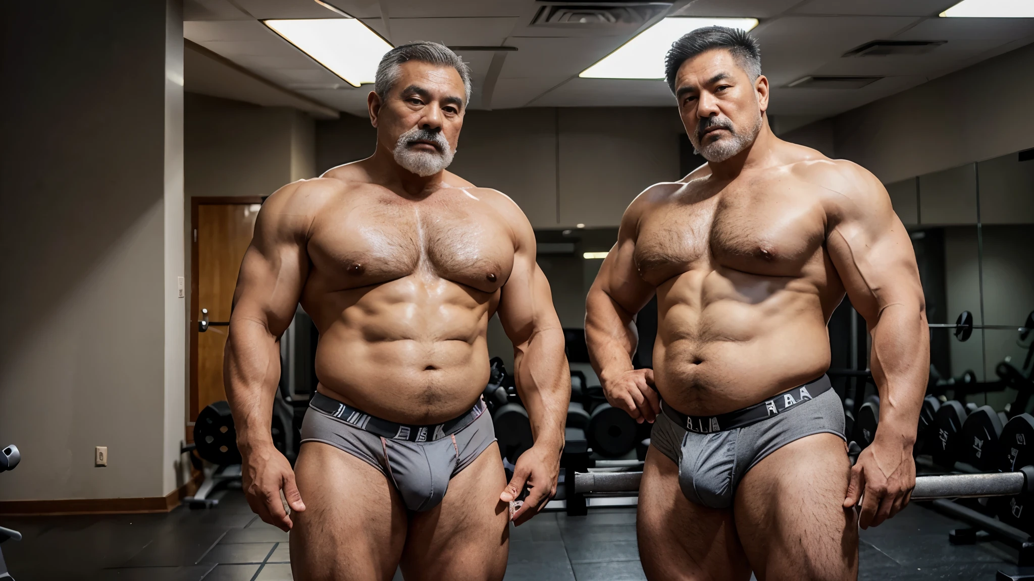 2 Vietnamese grandfathers with gray hair, mature face, a thick gray mustache, a short gray chin beard, bear body, wearing a massive bulging gray jockstraps stand in the gym, have belly, big muscular chest, a sexy pose, show underwear.
