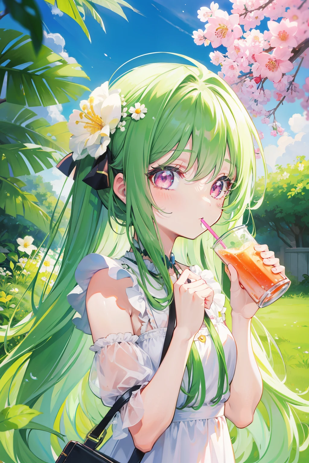 no background,green long hair cartoon girl drinking a drink,There are many flowers in my hair,Soda themed girl,  Cute girl anime visual, pink eyes,cute anime face, kawaii anime manga style