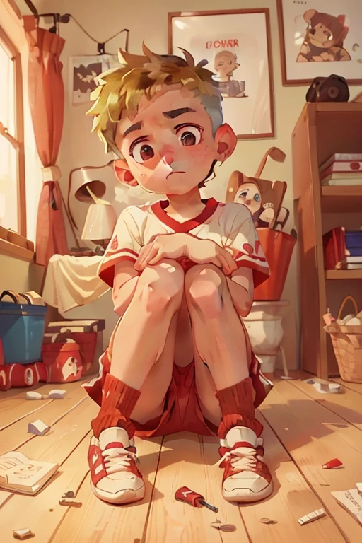 John - 10 year old boy, slim, Cute, bright eyes, Short blond hair, in your bedroom, sitting on the floor, Thinks, clasping his head in his hands, you look curious and thoughtful, with red sneakers on his feet, Without clothing 