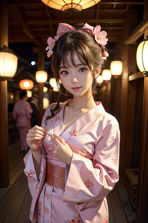 beautiful girl、She is wearing a pink yukata with a star pattern.、night、The background is a Japanese festival、whole body、sexy、Fun expression