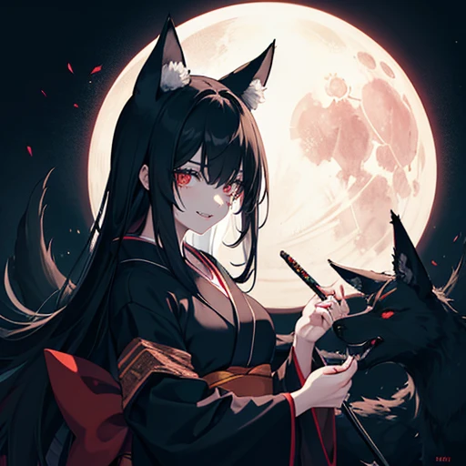A girl with black hair and fox ears, She has bleeding scars on her face, Her eye was ed with the scar, She has morbid bloodless face, Insanity smiling showing her bloody fangs, Wearing Japanese kimono, Wearing black kimono, Holding blood dripping knife, Holding Dagger, Blood-moon is rising up, Bloody red moon, Deadly groves, Gloomy groves, Covered with darkness, Night atmosphere
