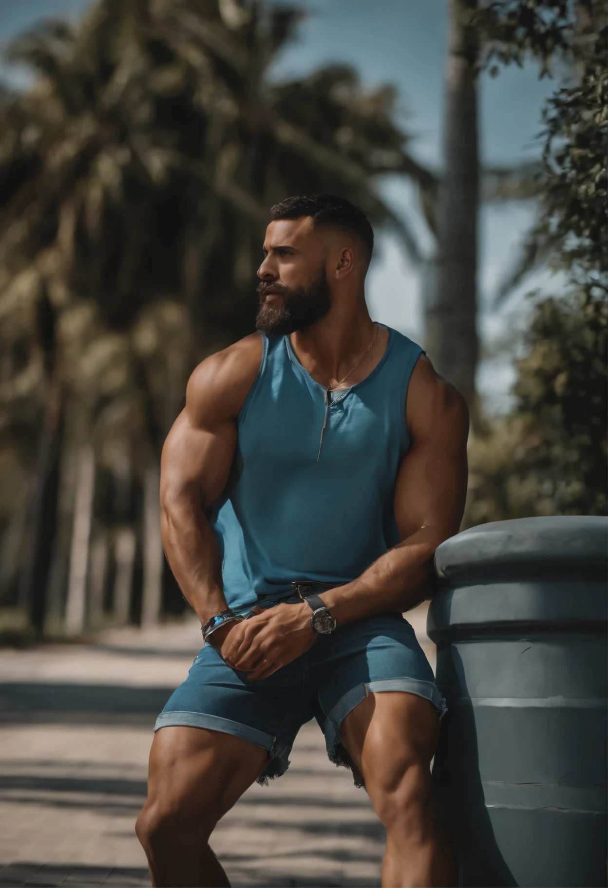 Man sexy muscular athletic body denim shorts sneakers 
