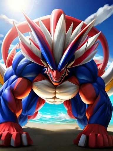 Pokemon Koraidon, muscular, big biceps, low perspective, on all fours