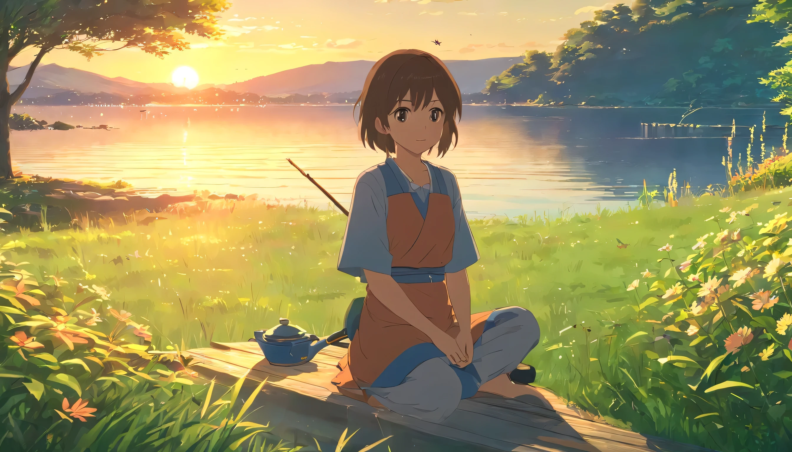 best quality,ultra-detailed,realistic:1.37,portraits,landscape,photorealistic,soft colors,sunset lighting,fishing boat by the lake,peaceful atmosphere,beautifully painted flowers,green grass and trees,bright sunlight,glimmering lake surface,birds chirping