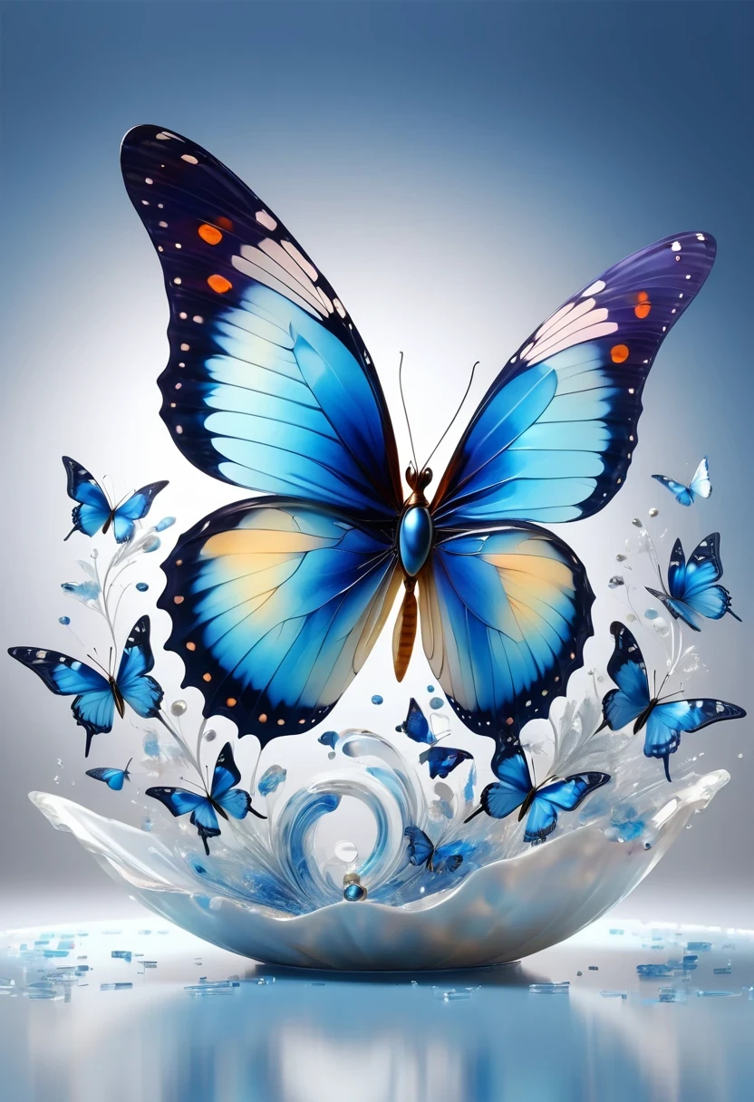 best quality,perfect masterpiece,Perfect work of art,Business,8k,Blue transparent butterfly，blue，Kaneko,Pearl hallucination,(The front is centered),(Centrosymmetric)，3S Materials,HD,Detailed performance,C4D,。.3D,Octane Rendering,Ray Tracing,Intricate details,Animated Lighting,Renderer,