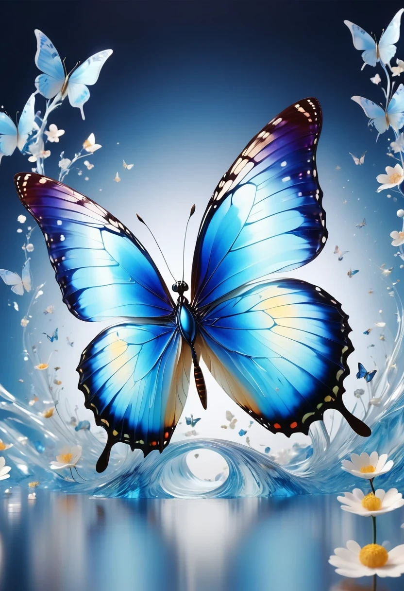 best quality,perfect masterpiece,Perfect work of art,Business,8k,Blue transparent butterfly,blue,Kaneko,Pearl hallucination,(The front is centered),(Centrosymmetric),3S Materials,HD,Detailed performance,C4D,。.3D,Octane Rendering,Ray Tracing,Intricate details,Animated Lighting,Renderer,