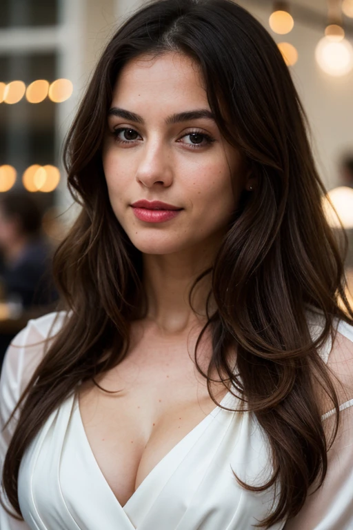 Beautiful French woman, long wavy brown hair, wearing a white silk blouse, cleavage, front view sitting inside a modern restaurant at night, very detailed, 27 years old, natural wave hair, high-res, masterpiece, best quality, intricate details, highly detailed, sharp focus, detailed skin, realistic skin texture, texture, detailed blue eyes, red lipstick, professional, 4k, perfect fit body, extremely detailed, photo_\(ultra\), photorealistic, realistic, post-processing, maximum detail, roughness, real life, ultra realistic, photorealism, photography, 8k uhd, photography (grain of film) medium shot for closeup shot atmospheric dark lighting