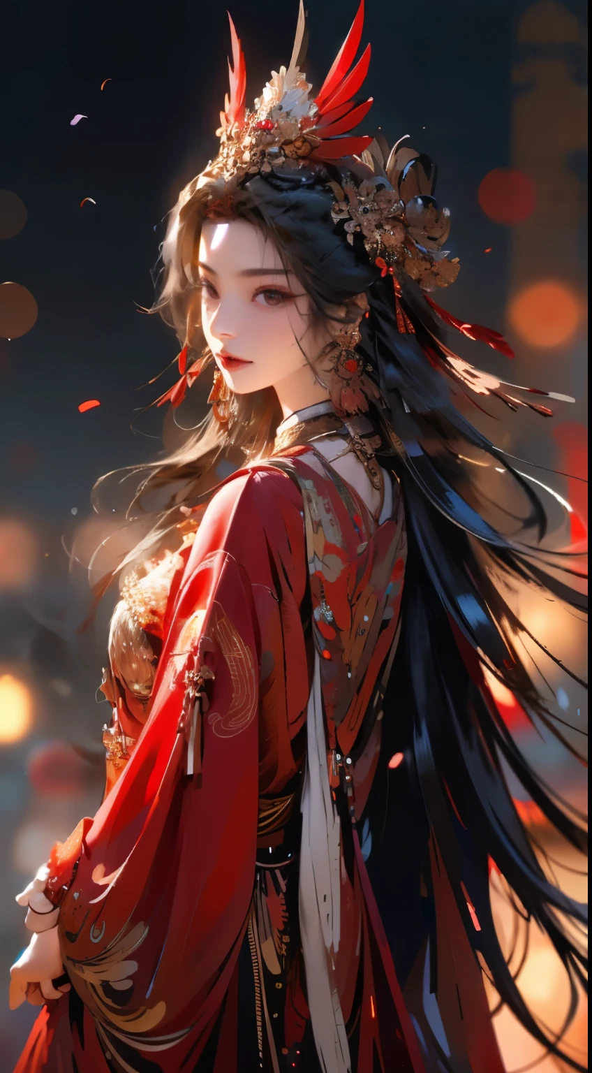 1 Girl,jewelry,earrings,Solitary,Long hair,Hair accessories,look back,Looking at the audience,red skirt,Black Hair,Upper Body,Shut up,Fuzzy,skirt,tassel,Brown hair,feather,From the back,Chinese clothes,tassel earrings,whole body,