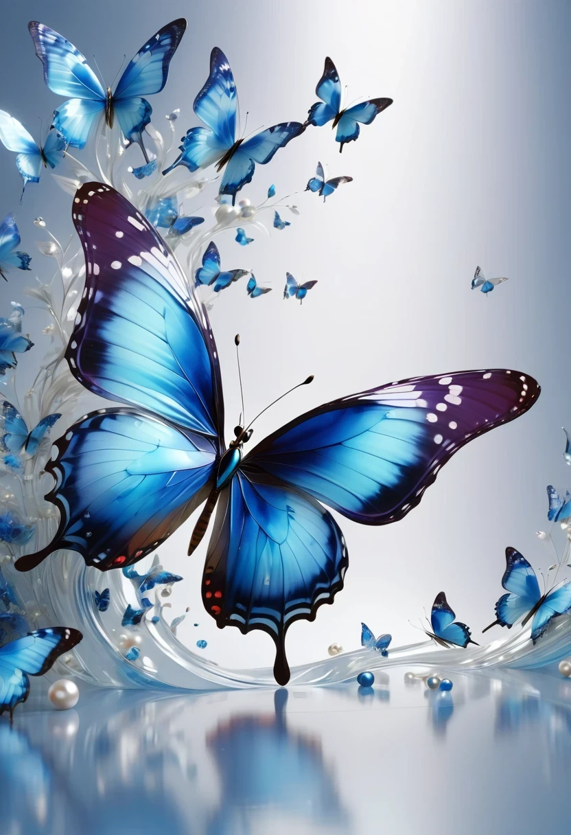 best quality,perfect masterpiece,Perfect work of art,Business,8k,Blue transparent butterfly,blue,Kaneko,Pearl hallucination,(The front is centered),(Centrosymmetric),3S Materials,HD,Detailed performance,C4D,。.3D,Octane Rendering,Ray Tracing,Intricate details,Animated Lighting,Renderer,