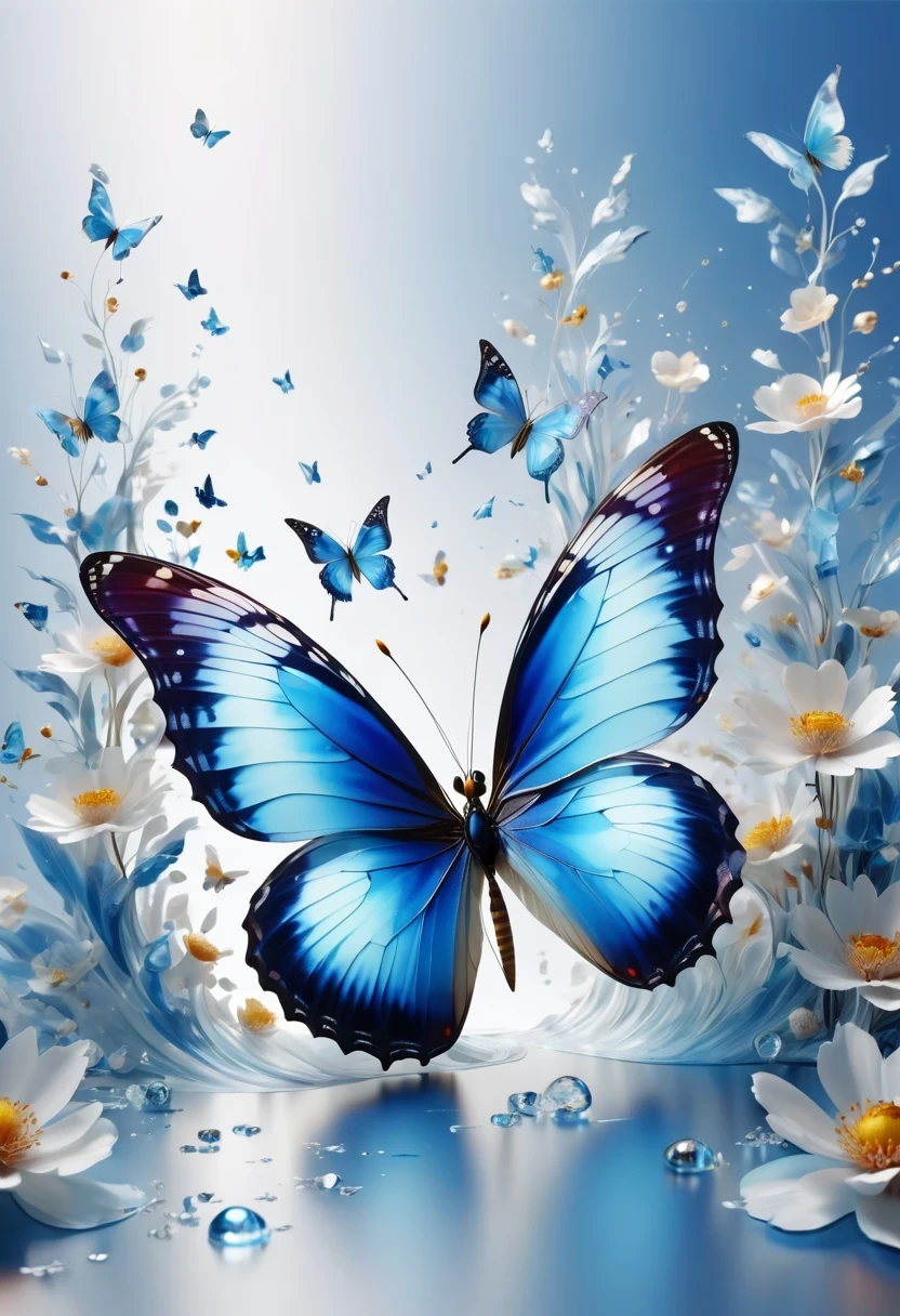 best quality,perfect masterpiece,Perfect work of art,Business,8k,Blue transparent butterfly，blue，Kaneko,Pearl hallucination,(The front is centered),(Centrosymmetric)，3S Materials,HD,Detailed performance,C4D,。.3D,Octane Rendering,Ray Tracing,Intricate details,Animated Lighting,Renderer,