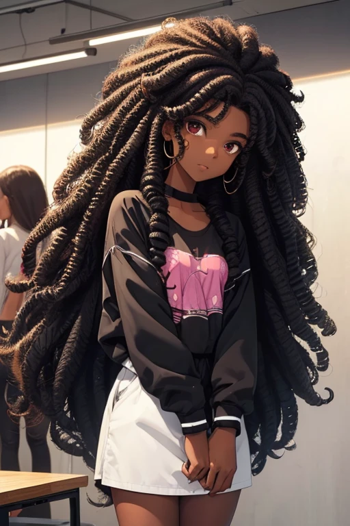 (Girl1),(female gender),(16 year old ager),(young),(Afro Brazilian girl with dark black skin color),(Long black curly hair),(height 1.72cm),(beautiful young woman)