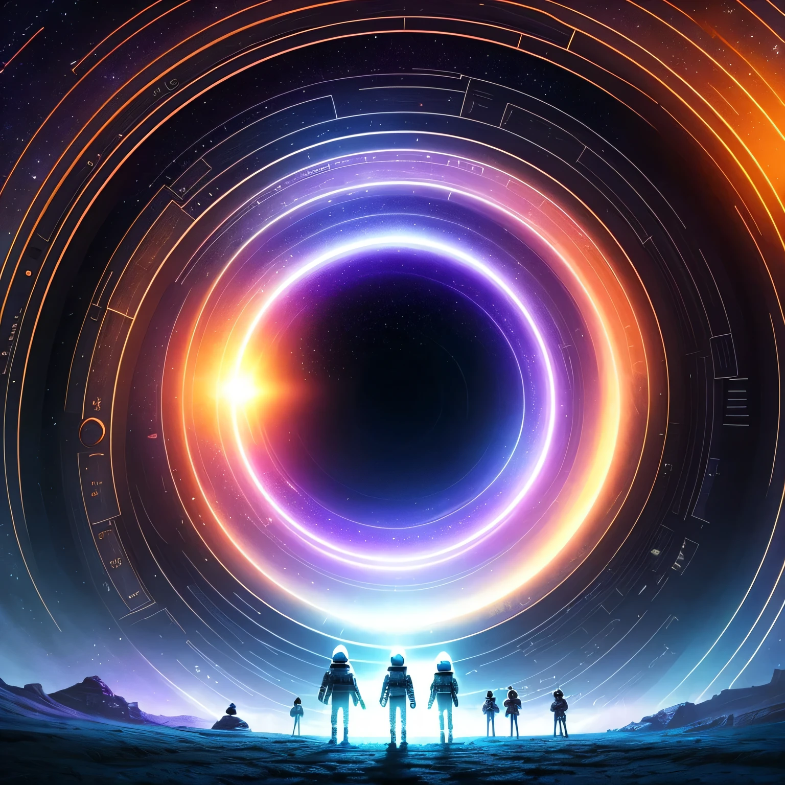 The Alafed family stands in the tunnel,The background is a black hole, portal to outer space, Astronaut lost in liminal space, Interstellar Infinity Portal, 3 d render Bepple, Majestic interstellar gateway, portal in space, Inspired by Beeple, Colossus Stargate, wormhole, author:Bepple, Bepple |