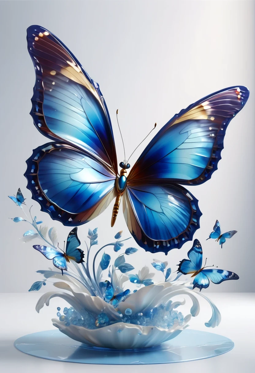 best quality,perfect masterpiece,Perfect work of art,Business,8k,Blue transparent butterfly,blue,Kaneko,Pearl hallucination,(The front is centered),(Centrosymmetric),3S Materials,HD,Detailed performance,C4D,。.3D,Octane Rendering,Ray Tracing,Intricate details,Animated Lighting,Renderer,
