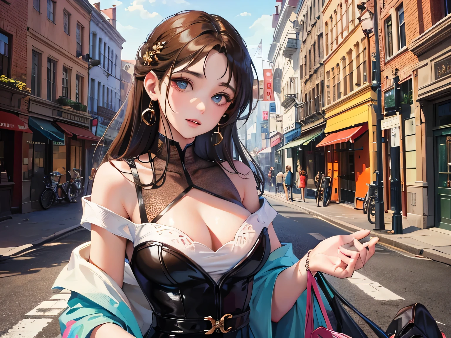 ((highest quality)),(Ultra-high resolution),(Very detailed),(Detailed Description),((The best CG)),(A masterpiece),Ultra-detailed art,Amazing painting art,(Fashion art with precise details:1.5), (1 Female model:1.7),(Beautiful and well-proportioned face:1.5),(Off-the-shoulder T-shirt:1.5),Cleavage:1.5,(look up:1.6), street:1.5,Open Terrace:1.3