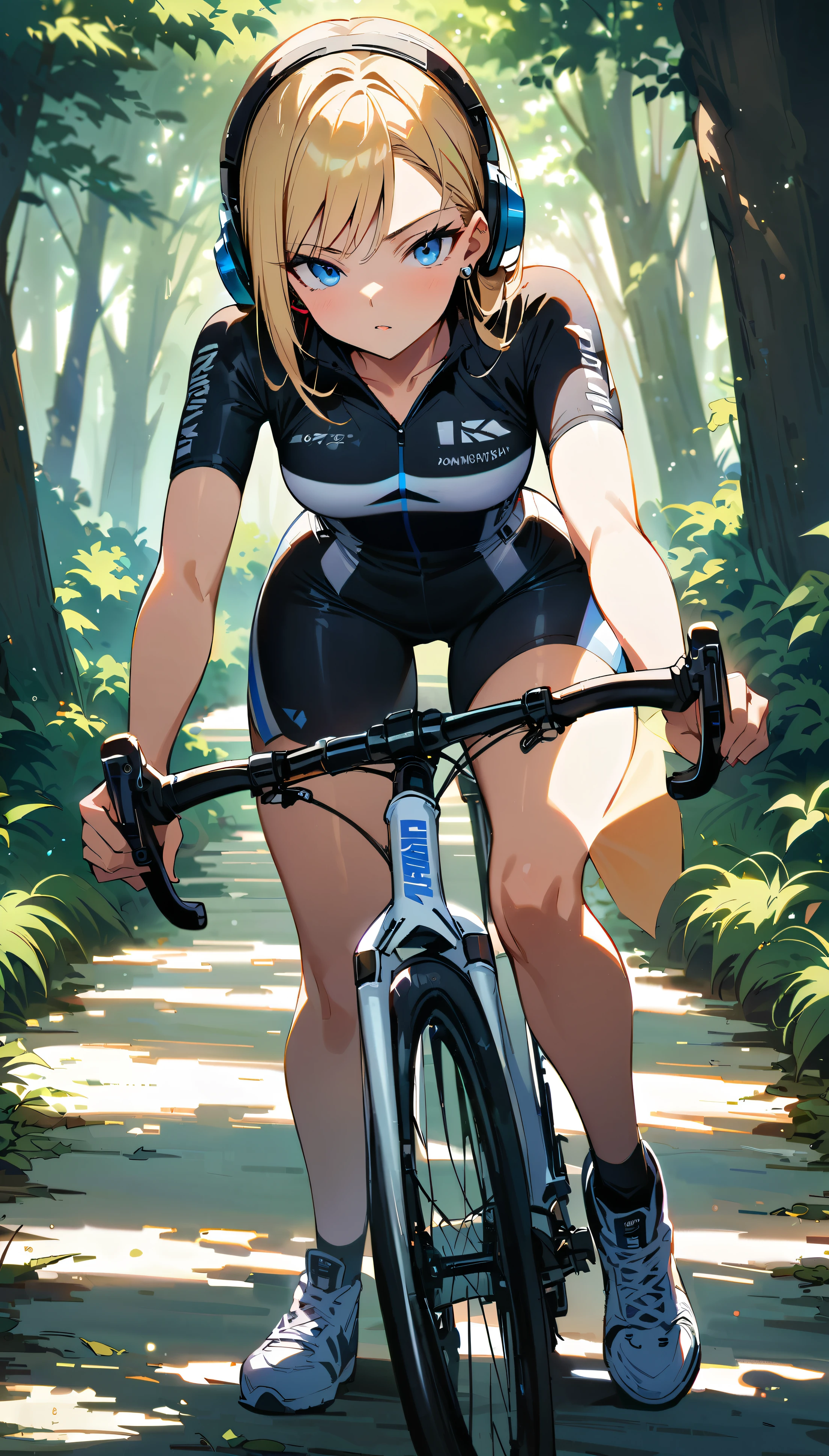 (masterpiece, best quality:1.2), frontal full body shot of Android 18 from Dragon Ball riding a white road bike with a striped aerodynamic frame and white thin tires, slender feminine figure in cycling pose, torso leaning forward over the low handlebars, one leg extended, facing camera, narrow waistline, (white over-ear headphones must be worn), short blonde hair, blue eyes, earrings on earlobes, black cycling jersey, black cycling shorts, white cycling shoes clipped into the white lightweight pedals, surrounded by lush green trees and foliage, sunlight filtering through leaves, peaceful tree-lined trail, 4K