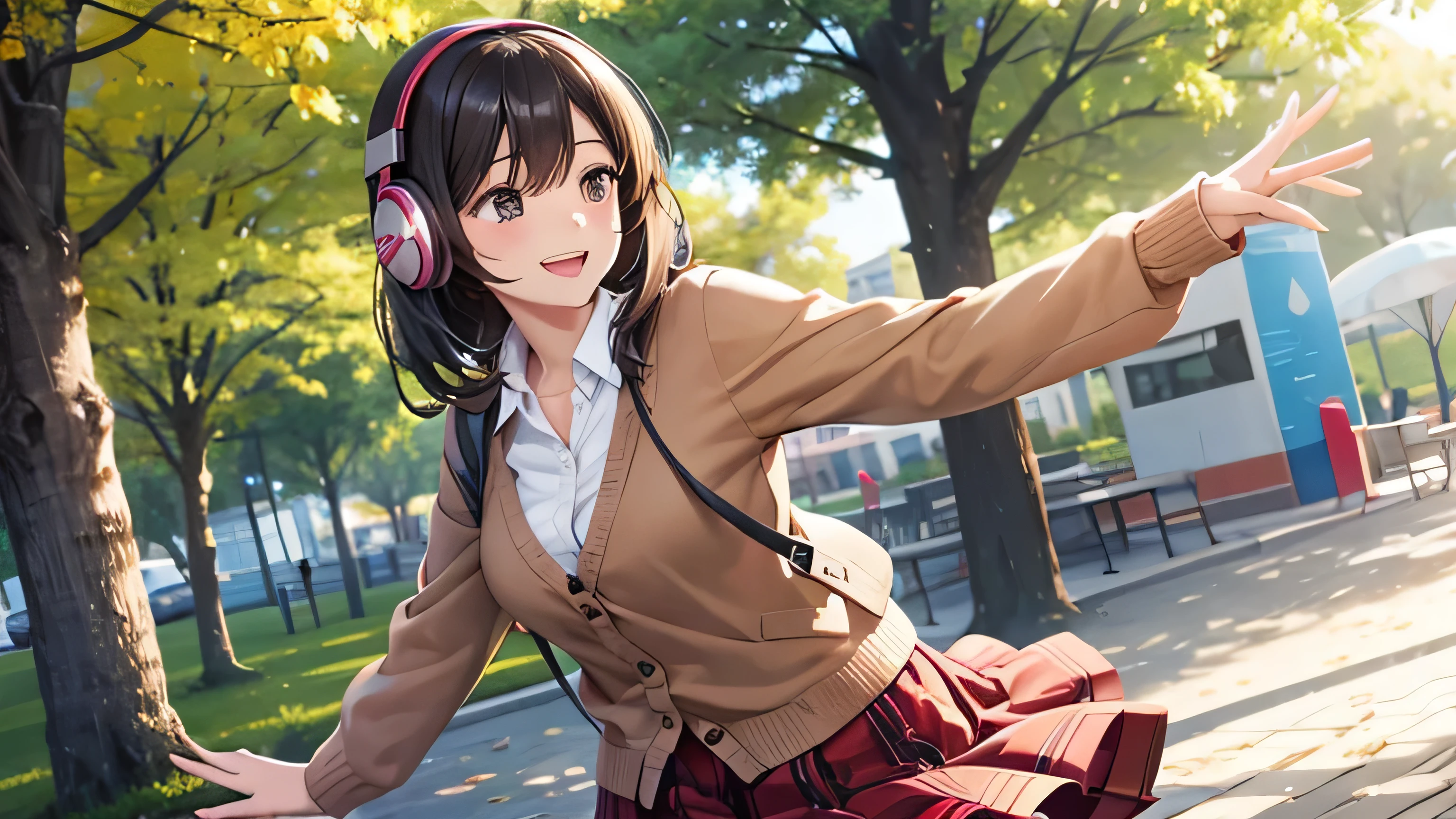 An adult woman wearing headphones happily dancing in a sunny park　Red checked skirt　Brown cardigan　Black Hair