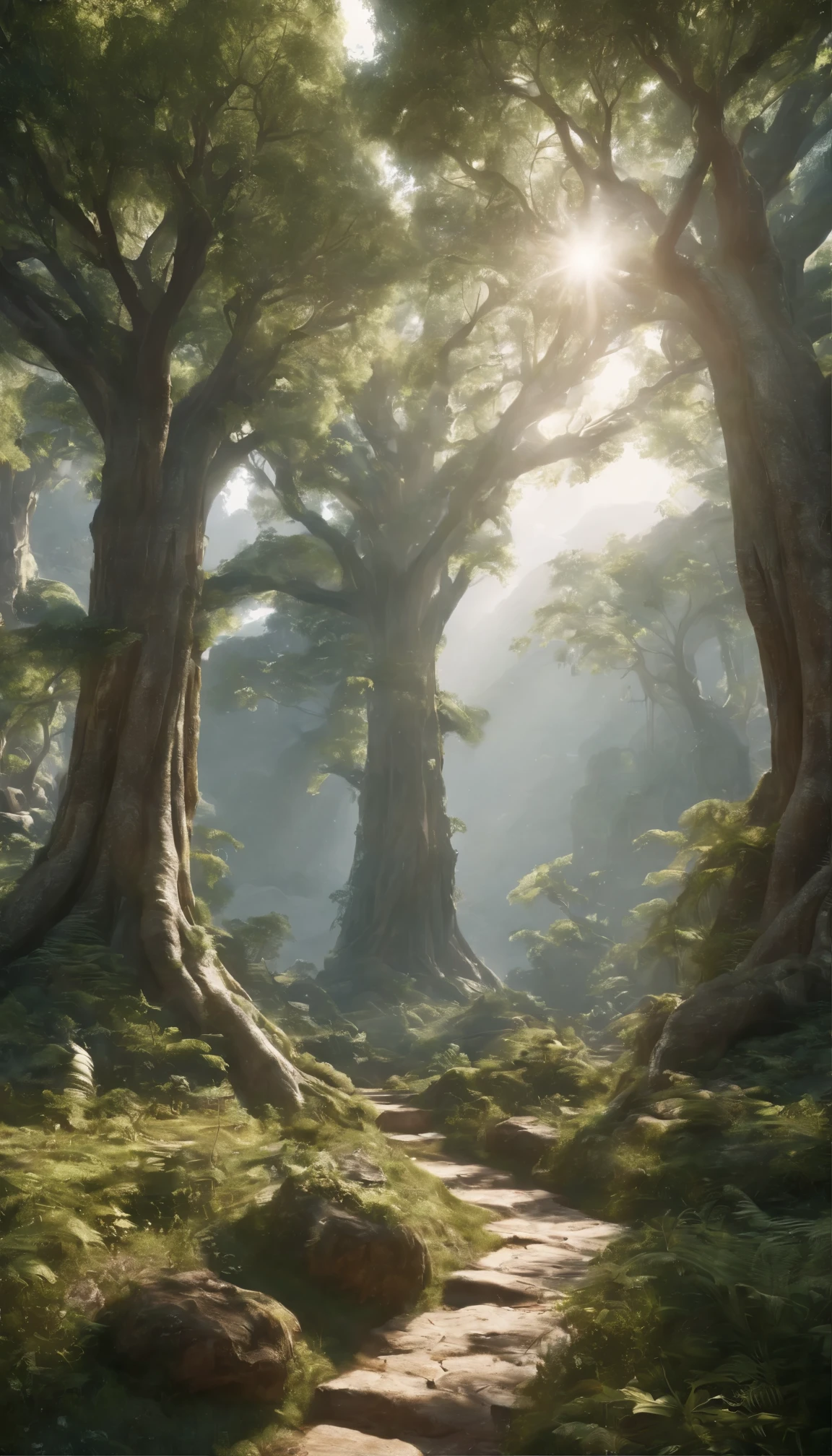 Attractive landscape concept art、8K resolution and super cool sci-fi style、Boasting ultra-realistic and dramatic lighting。Atmospheric shadows create a sense of depth and mystery.、Using ray tracing and 3D cinematic rendering、Highlights ultra-detailed features。.。This image, In the center is a majestic tree,、Shows a very high level of detail、Art Station&#39;A masterpiece of 4K and Ultra HD trends、HDR enhances Engine 5 rendering to an unrealistic level。