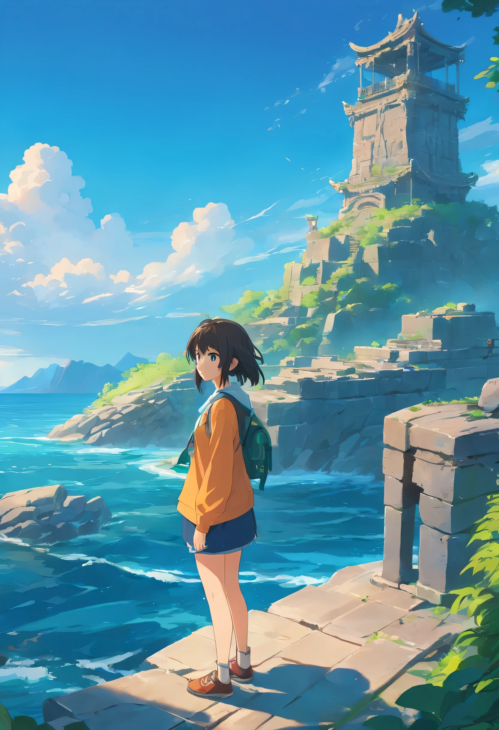 Stand on the skull of a sea beast,Look into the distance,Background - scattered islands,There are various ruins on the island.,With a view to the future,top quality,8K