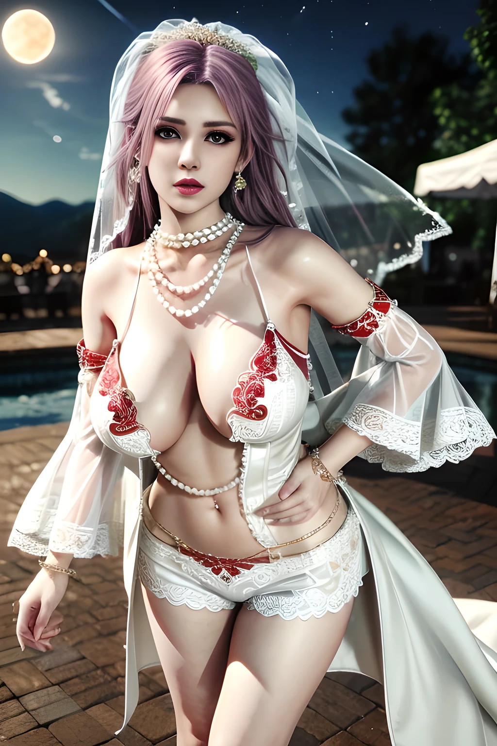 1 girl,lean over ,(Wearing Wedding Dress:1.2) ,(Wearing Jewel:1.2) ,( red lace_coat:1.3),(Fluffs :1.4),(pearl bodychain:1.3),outdoor,elegant,nighttime,moonlighe,shiny skin,( huge breasts), lip gloss,tattoos, masterpiece, best quality, realistic ,Surrealism,natural colors art in 8k,soft shadows,Portrait art,solo, elise,