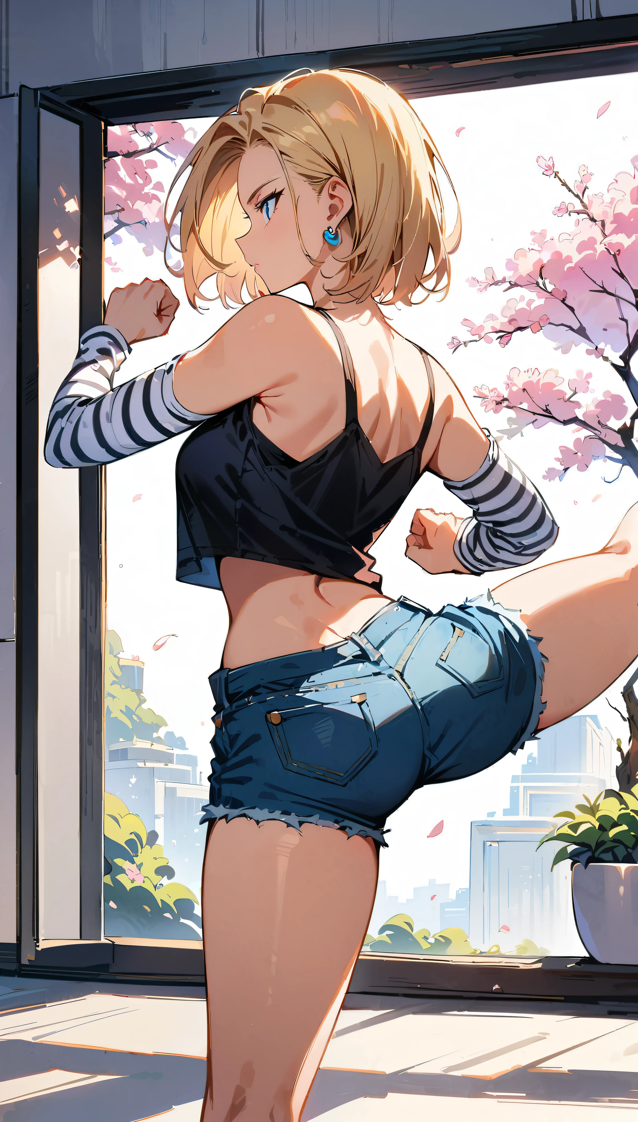 (masterpiece, best quality:1.2), 1girl, solo, Android 18 from Dragon Ball, slender feminine figure with slim toned legs, white headphones, short blonde hair, blue eyes, earrings, jewelry, denim vest, black fitted and cropped camisole, denim shorts, striped long sleeves, exposing her shoulders, practicing kickboxing kicks barefoot, left leg raised high in a graceful front kick, toes pointed, right fist raised in a guard position, body slightly twisted with elegant poise, looking focused, white potted plant, an additional small white potted plant in the foreground, chic and pristine futuristic white room with sleek lines and minimalist decor, no clutter, large window with cherry blossoms blooming outside, side view, 4K