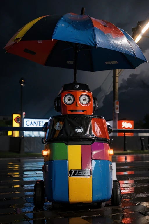 A colorful robot braves the storm, sheltering under a vibrant umbrella.