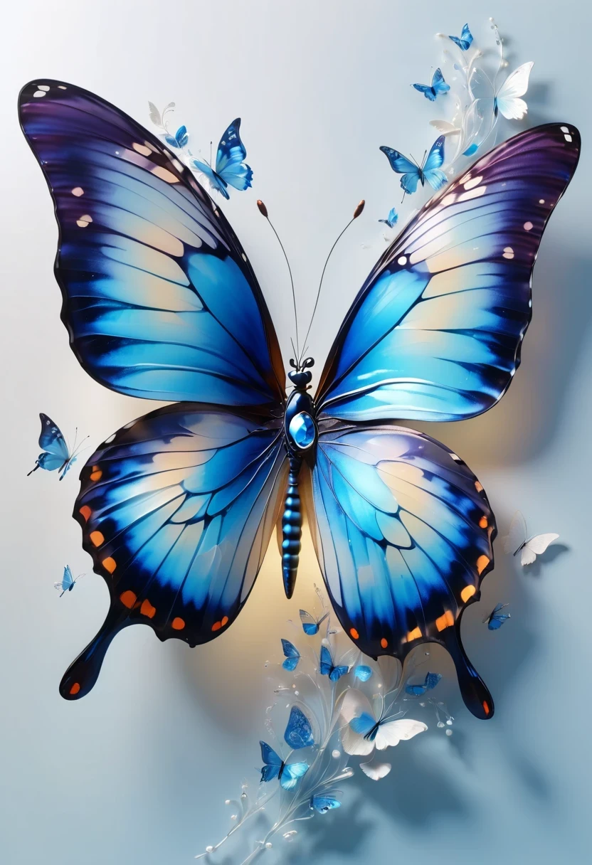 best quality,perfect masterpiece,Perfect work of art,Business,8k,Blue transparent butterfly，blue，Kaneko,Pearl hallucination,(The front is centered),(Centrosymmetric)，3S Materials,HD,Detailed performance,C4D,。.3D,Octane Rendering,Ray Tracing,Intricate details,Animated Lighting,Renderer,