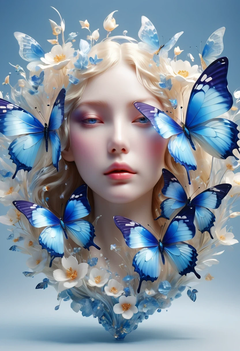 best quality,perfect masterpiece,Perfect work of art,Business,8k,Blue transparent butterfly,blue,Kaneko,Pearl hallucination,(The front is centered),(Centrosymmetric),3S Materials,HD,Detailed performance,C4D,。.3D,Octane Rendering,Ray Tracing,Intricate details,Animated Lighting,Renderer,