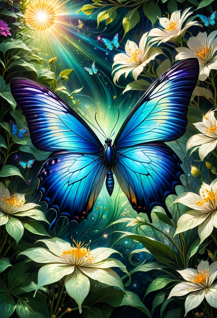 blue butterfly, aesthetic, (best quality,4k,8k,highres,masterpiece:1.2),ultra-detailed,(realistic,photorealistic,photo-realistic:1.37),colorful, vibrant, shimmering blue butterfly, delicate, intricate wings, graceful movement, flourishing garden, blooming flowers, sun-kissed petals, lush green foliage, ethereal atmosphere, magical illumination, whimsical, iridescent patterns, sparkling sunlight, gentle breeze, serene ambiance, artful composition, soft focus, mesmerizing beauty, naturalistic rendering, captivating contrast, exquisite details, dreamlike quality, surrealistic touch